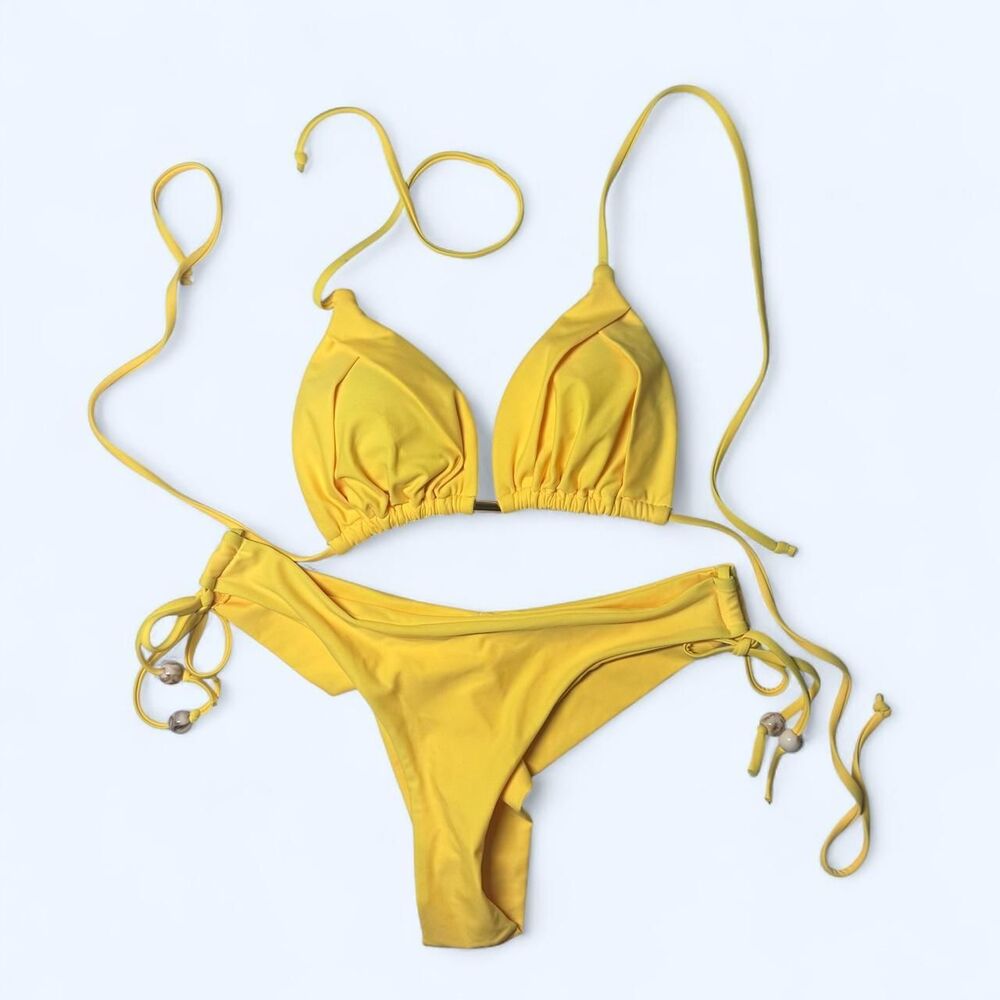 Bright Canary Yellow Triangle Bikini Set Cowrie Shell Details Size M